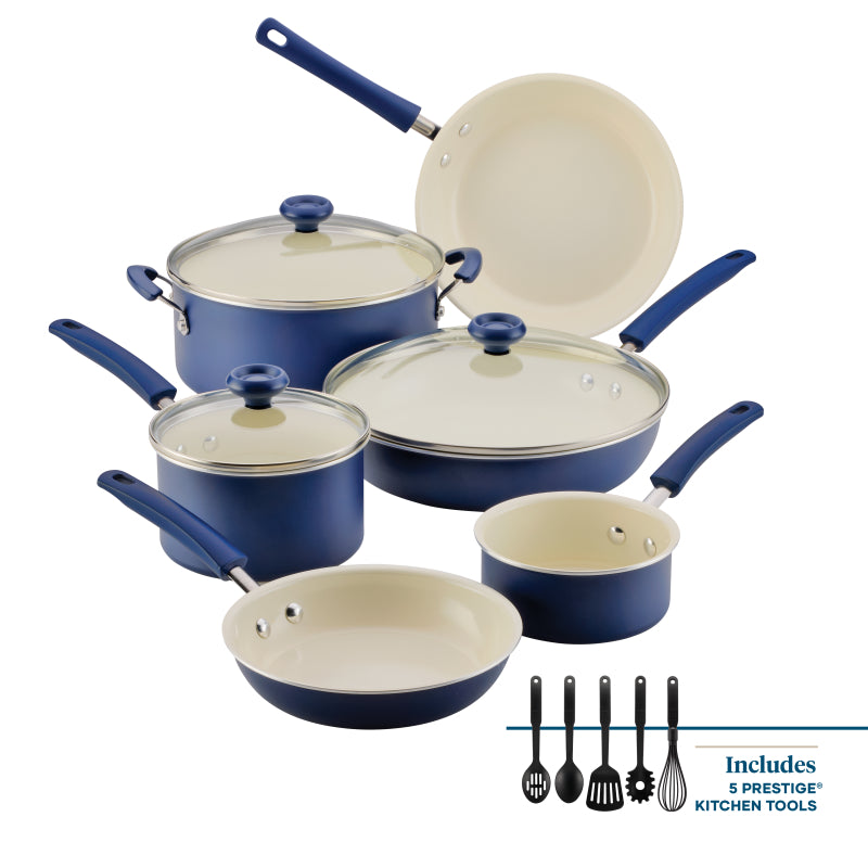 Farberware Easy Clean Pro Ceramic Nonstick Cookware Pots and Pans Set, 14-Piece, Blue
