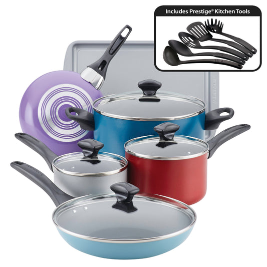 Farberware Dishwasher Safe Nonstick Aluminum Cookware Pots and Pans Set, 15-Piece, Assorted Colors